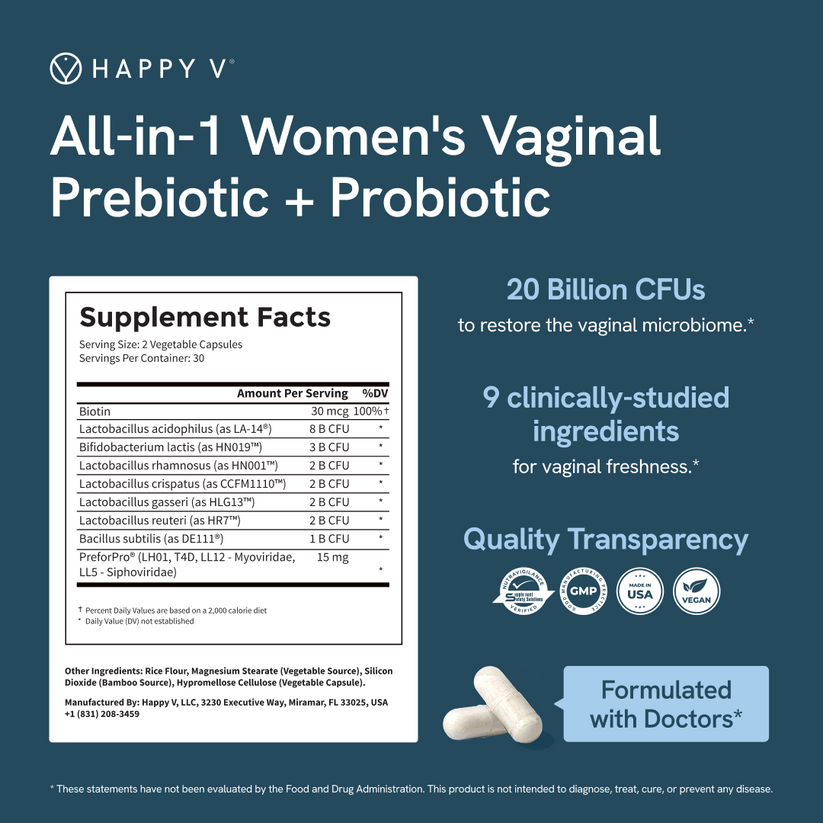Happy V Vaginal Probiotics Formulated for Women – 60 Vegan Capsules